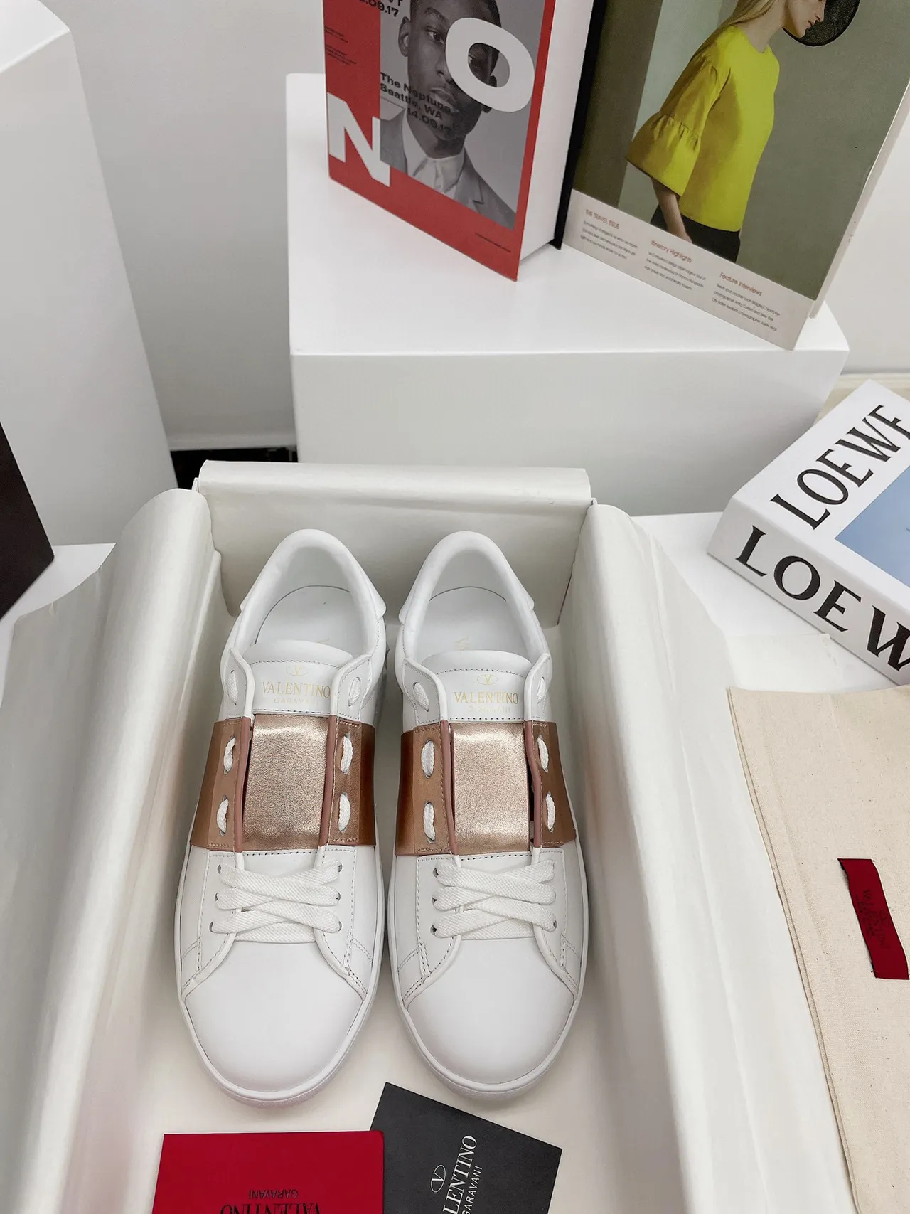 Valentino Rockstud White and Rose-Gold Metallic Strap Lifestyle Sneakers 8