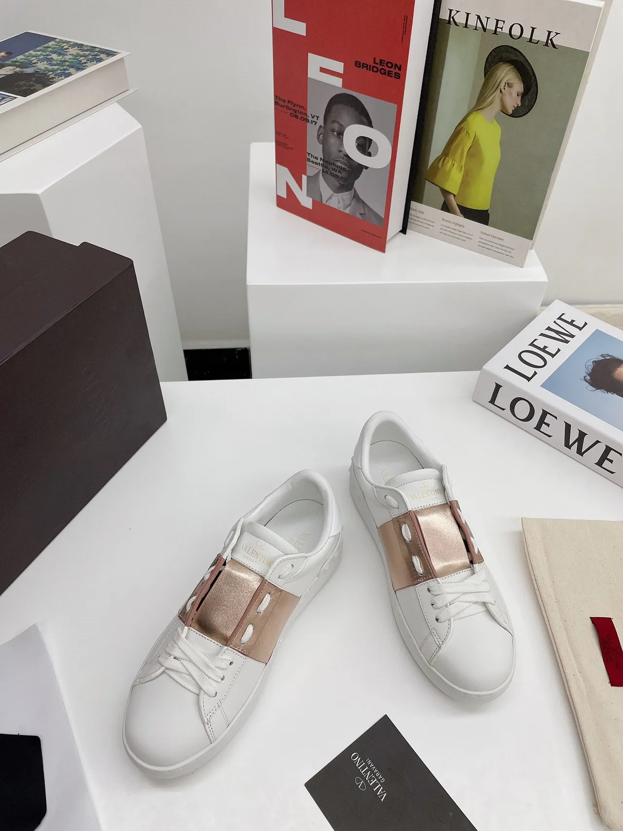 Valentino Rockstud White and Rose-Gold Metallic Strap Lifestyle Sneakers 9