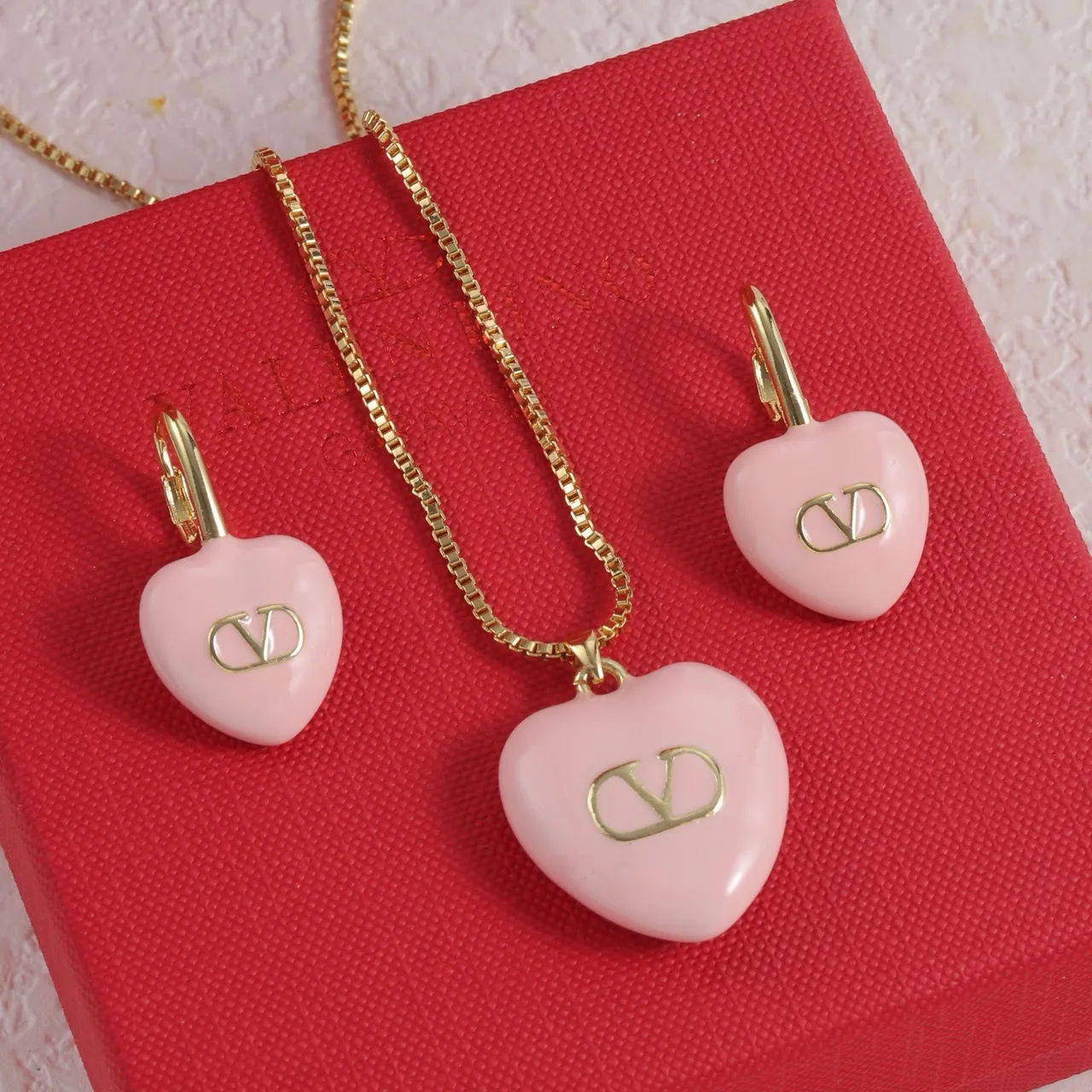 Valentino VLogo Heart Pink Gold Enamel Pendants Monogram Necklace 2