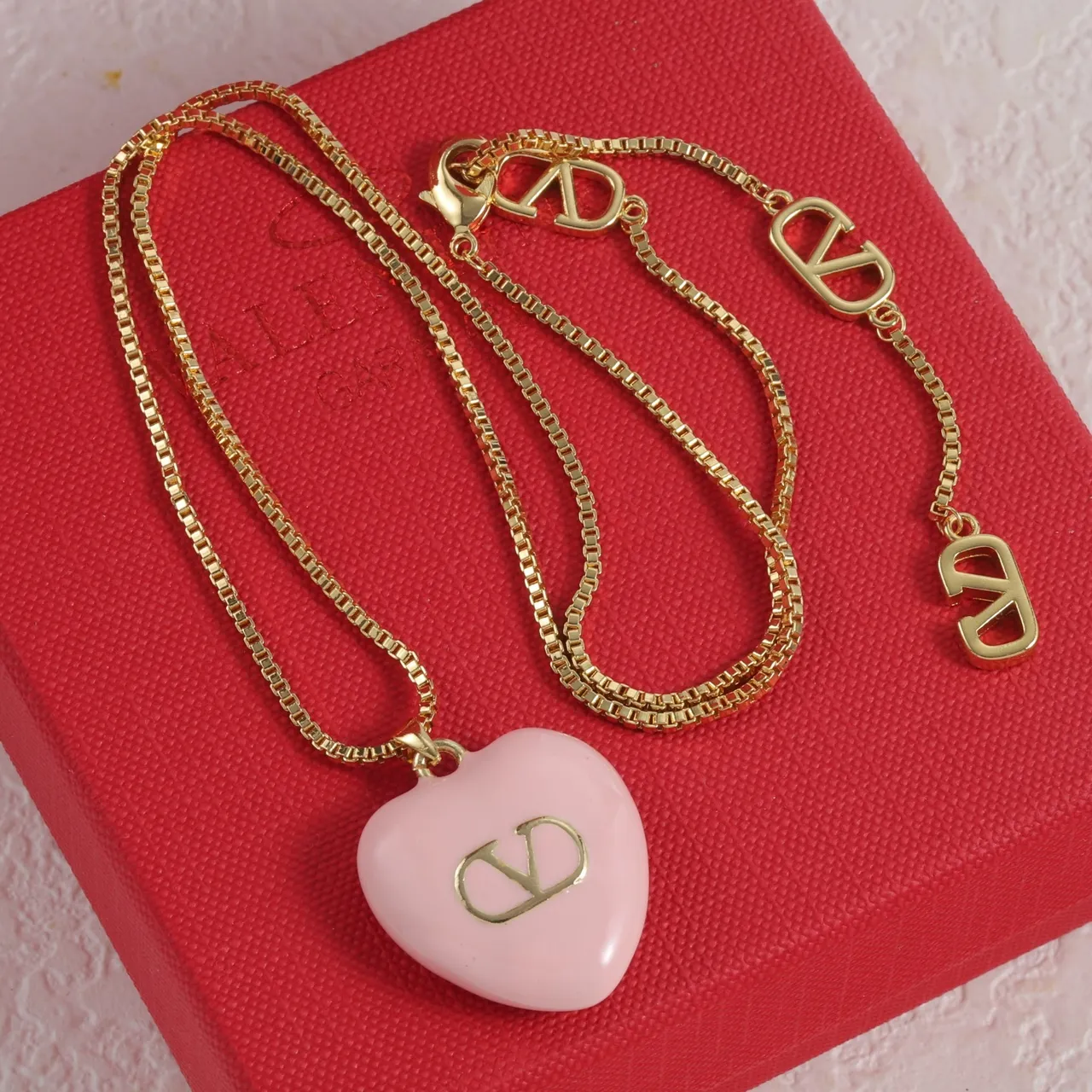 Valentino VLogo Heart Pink Gold Enamel Pendants Monogram Necklace 3