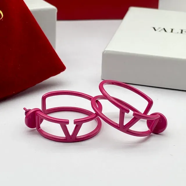Valentino VLTN Pink Red Open Hoop Logo-Integrated Earrings 6