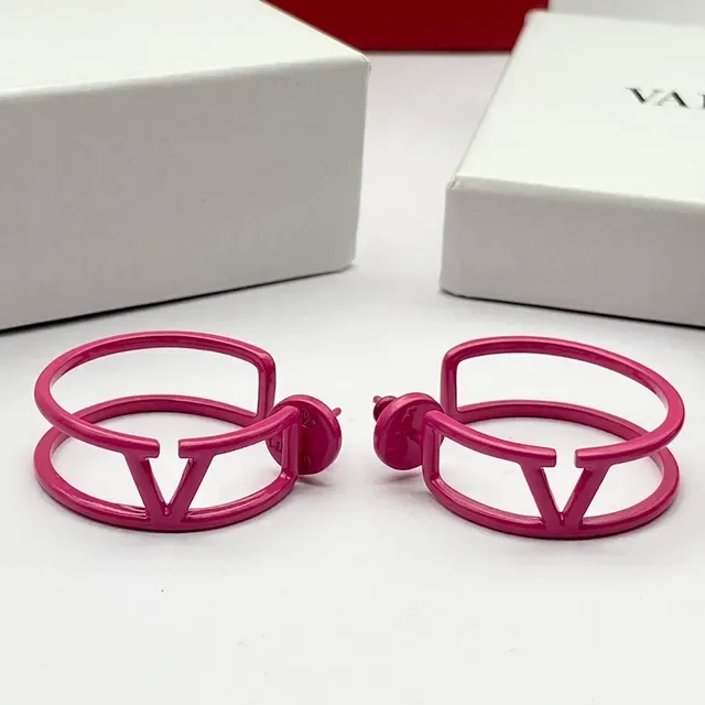 Valentino VLTN Pink Red Open Hoop Logo-Integrated Earrings 7