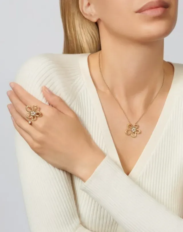 Van Cleef & Arpels Gold White Openwork Floral Pendant Chain Necklace 8