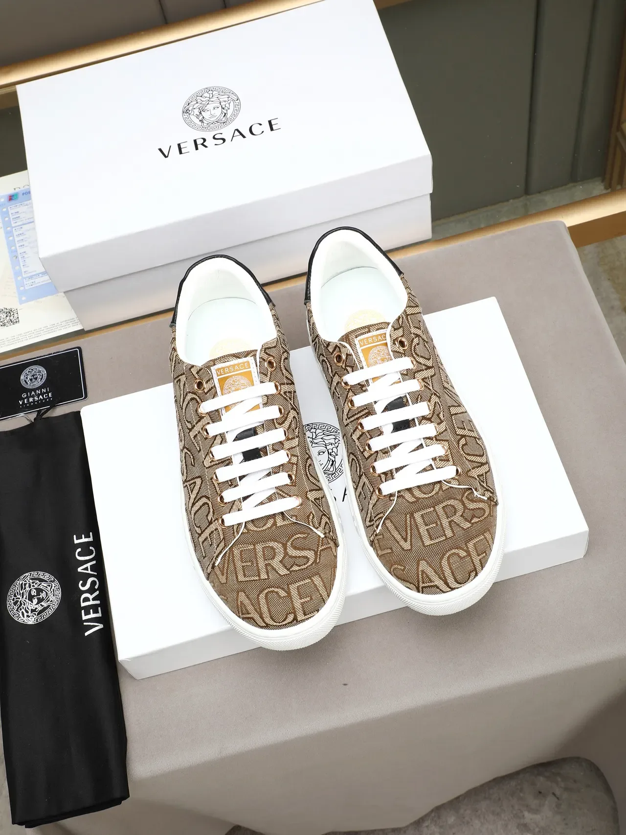 Versace Beige White Monogrammed Textile Upper Greca-Patterned Midsole Lifestyle Sneakers 3