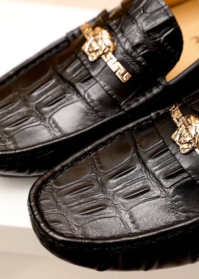 Versace Black Gold Crocodile-Embossed Leather Medusa Head Buckle Loafer 5
