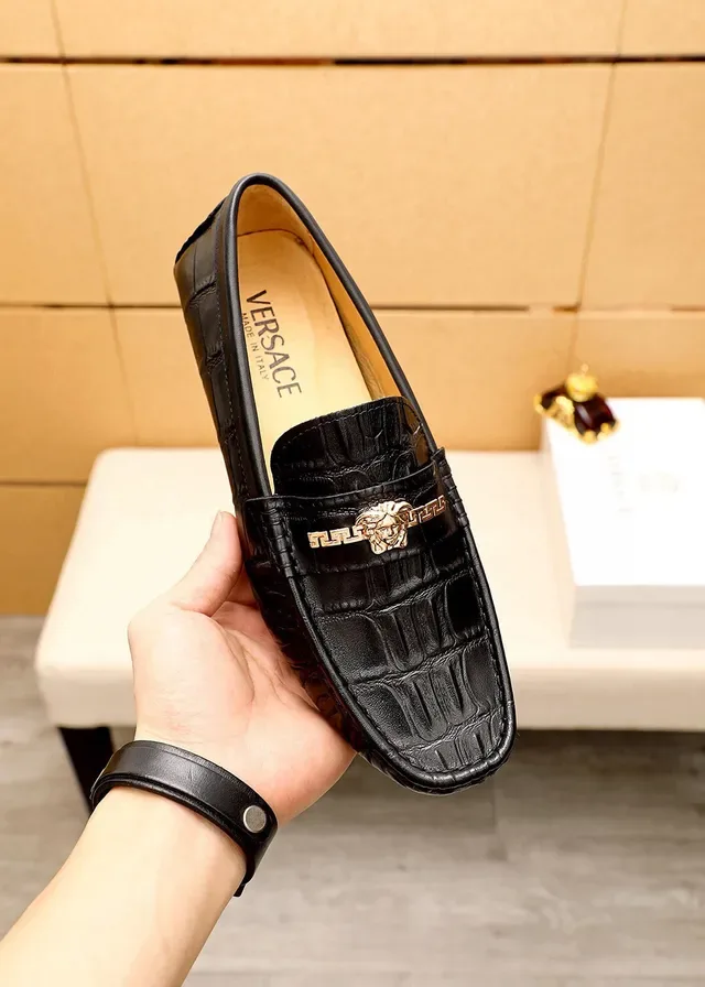 Versace Black Gold Crocodile-Embossed Leather Medusa Head Buckle Loafer 7
