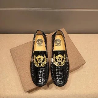 Versace Black Gold Patent Croc-Embossed Leather Metallic Side Accents Loafer