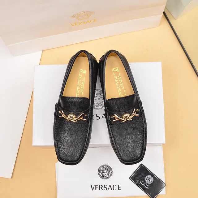 Versace Black Gold Pebbled Leather Medusa Head Horsebit Buckle Loafer 2