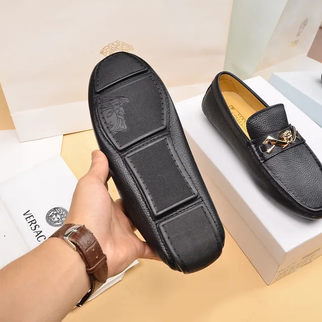Versace Black Gold Pebbled Leather Medusa Head Horsebit Buckle Loafer 5