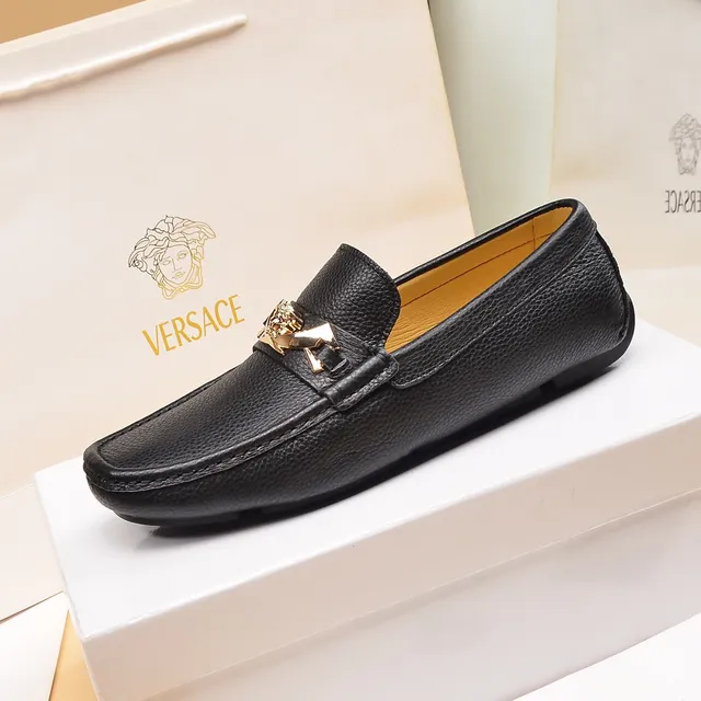Versace Black Gold Pebbled Leather Medusa Head Horsebit Buckle Loafer 6