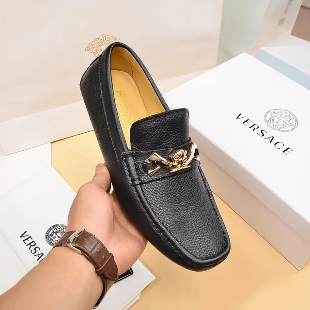 Versace Black Gold Pebbled Leather Medusa Head Horsebit Buckle Loafer 7