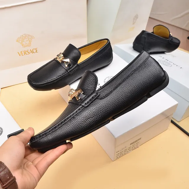 Versace Black Gold Pebbled Leather Medusa Head Horsebit Buckle Loafer 8