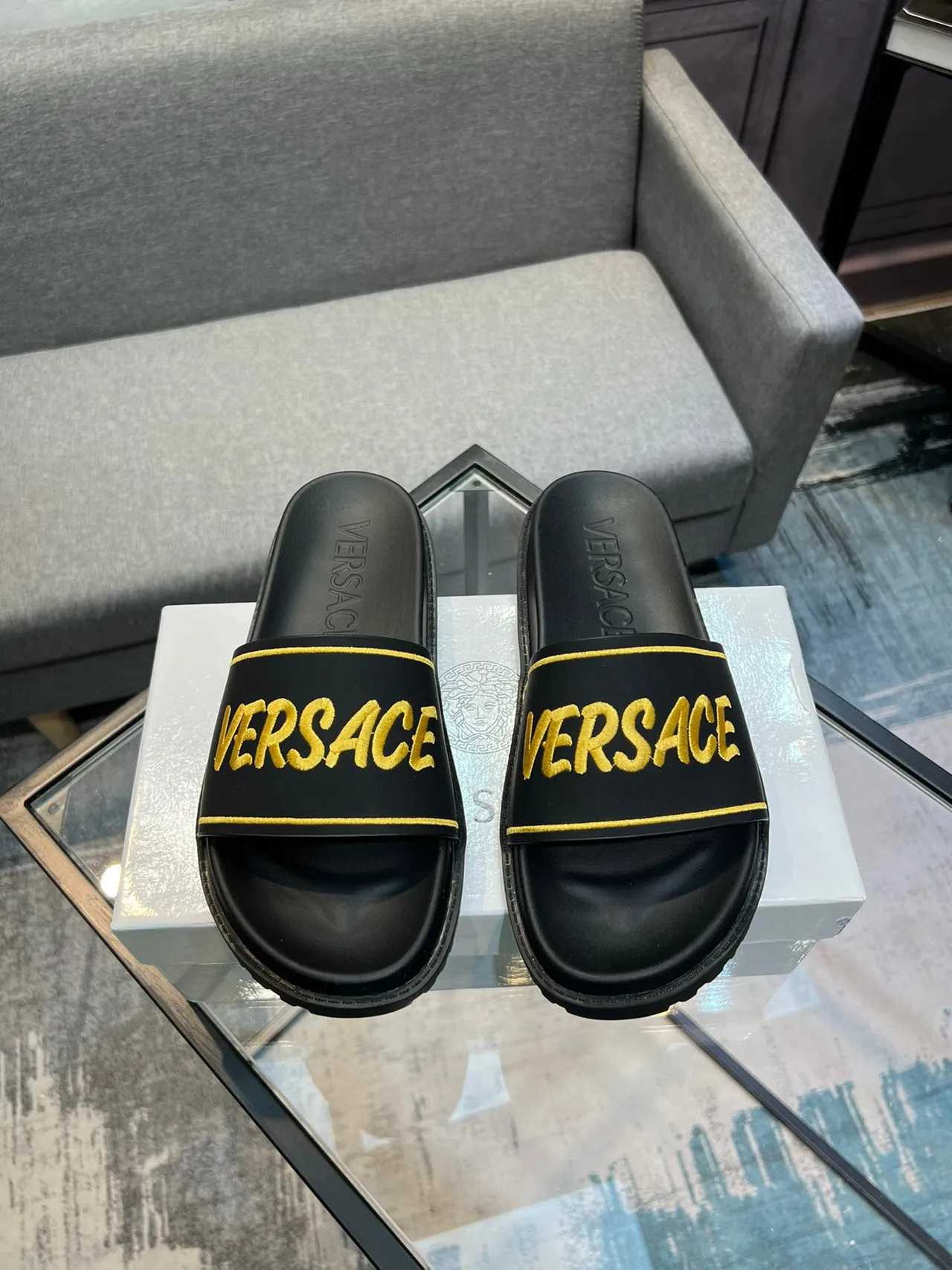 Versace Black Gold Wide Strap Embroidered Logo Slippers 2