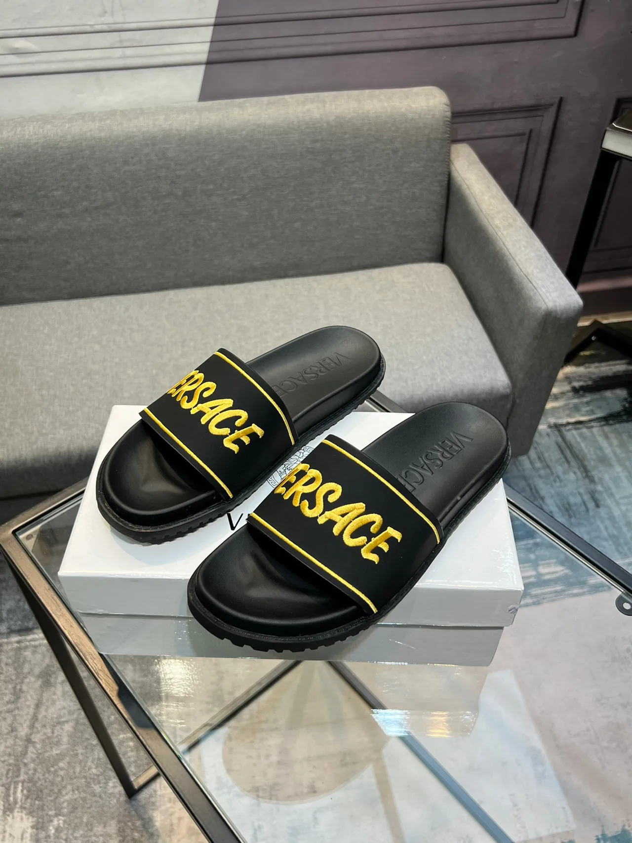 Versace Black Gold Wide Strap Embroidered Logo Slippers 3