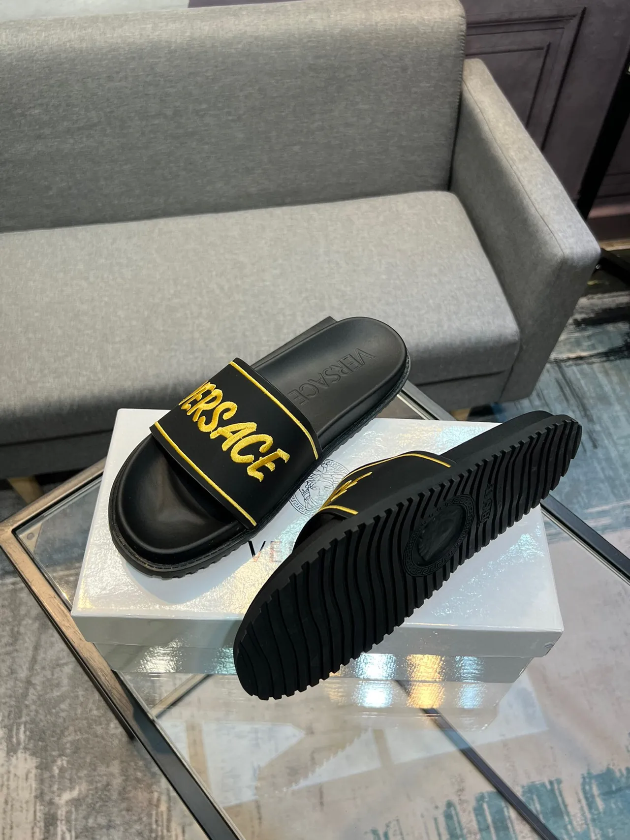 Versace Black Gold Wide Strap Embroidered Logo Slippers 4
