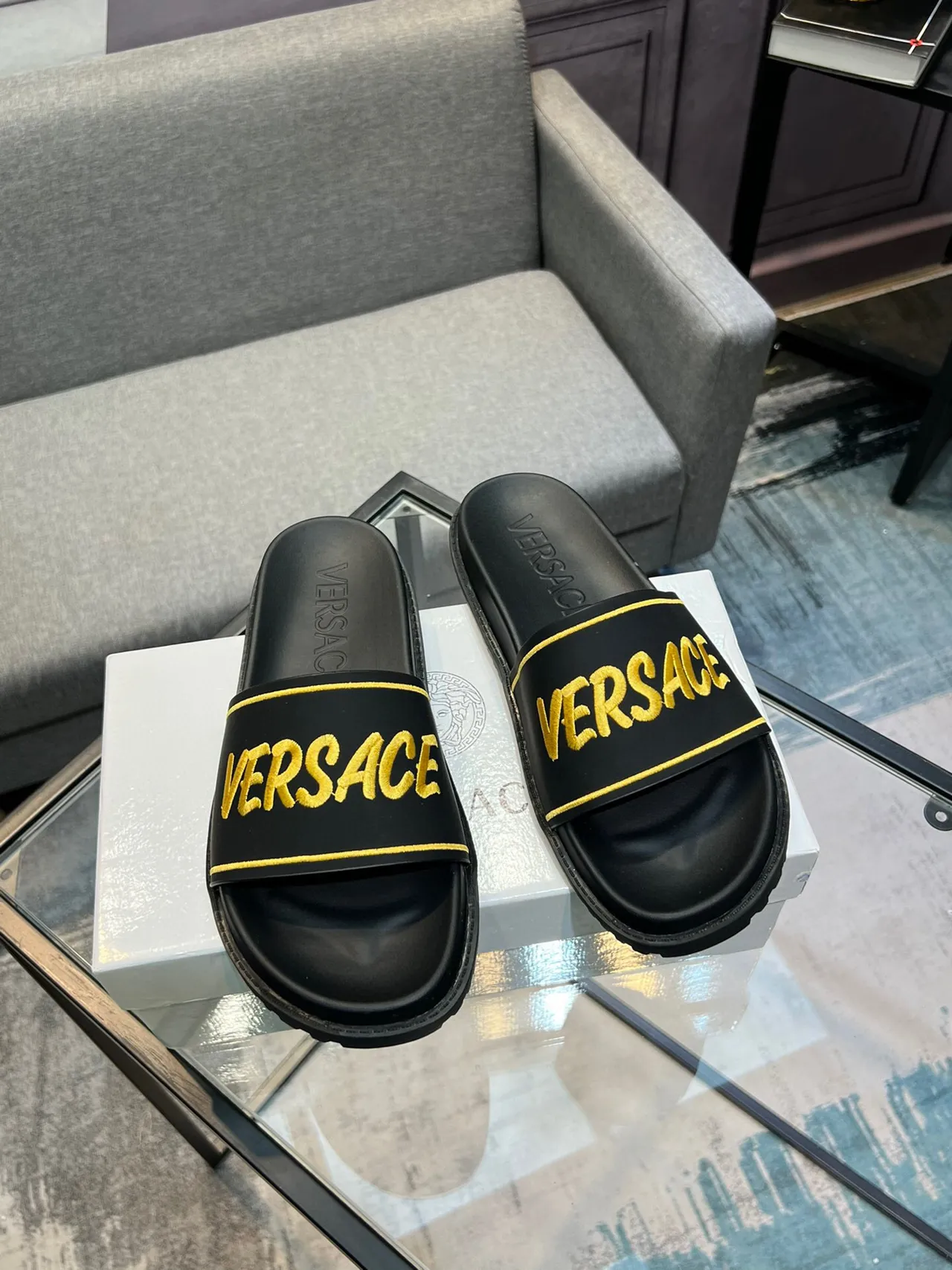 Versace Black Gold Wide Strap Embroidered Logo Slippers 5