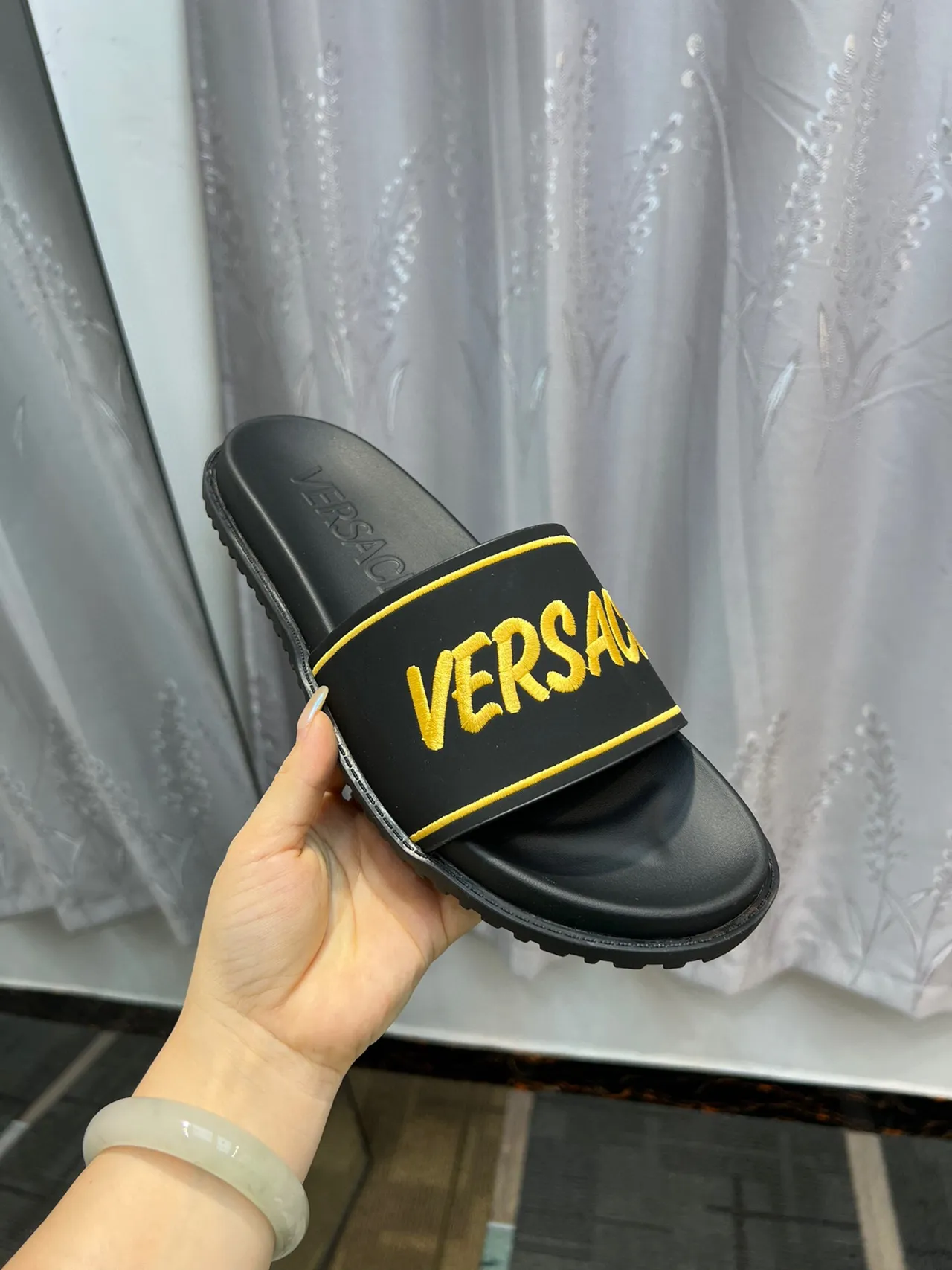 Versace Black Gold Wide Strap Embroidered Logo Slippers 6