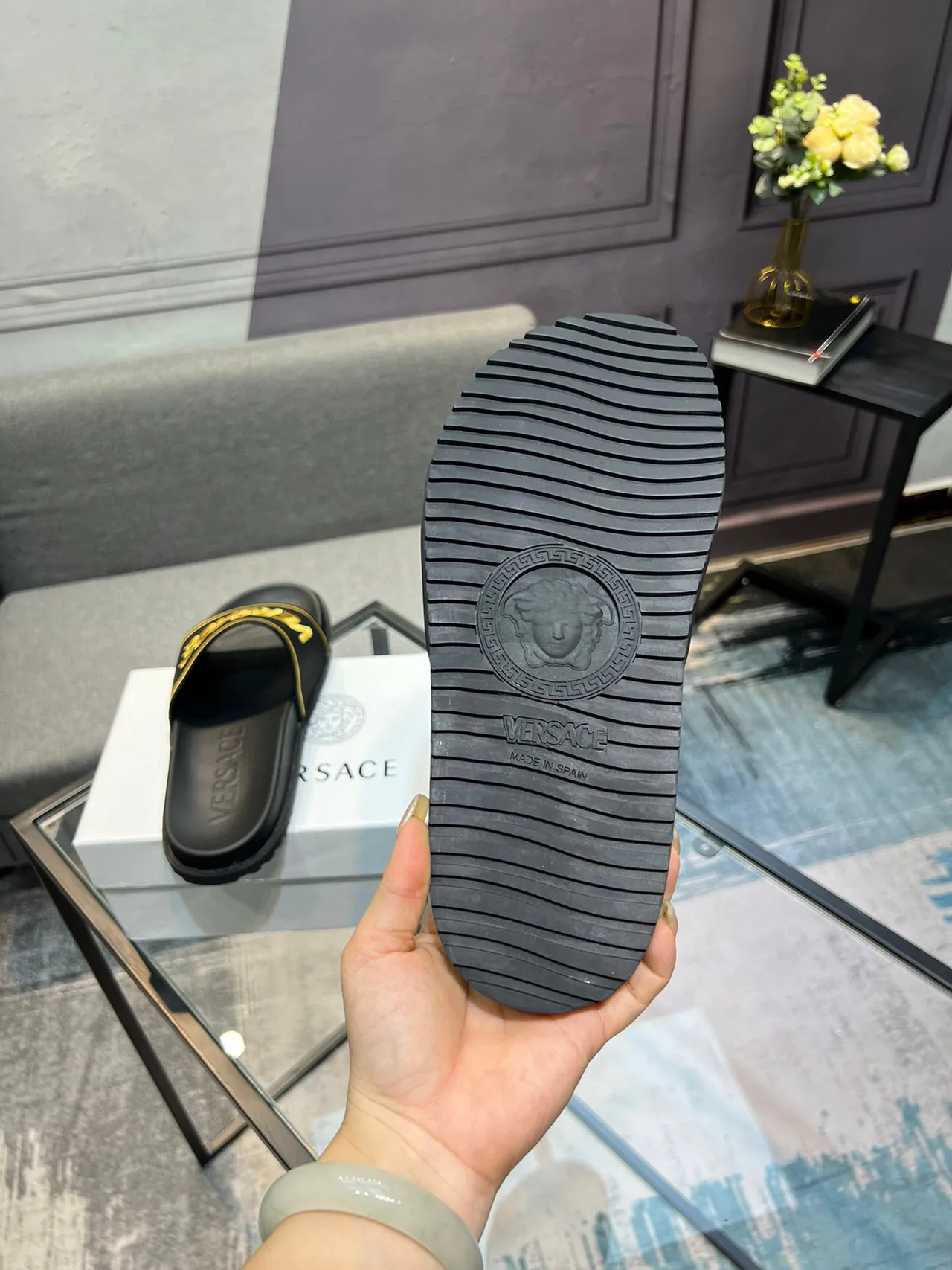 Versace Black Gold Wide Strap Embroidered Logo Slippers 7