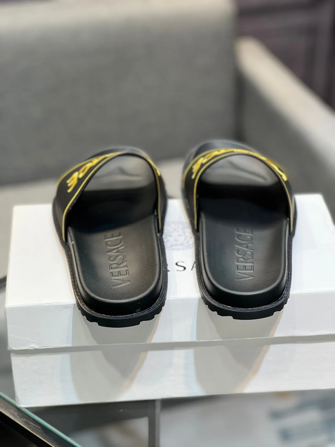 Versace Black Gold Wide Strap Embroidered Logo Slippers 8