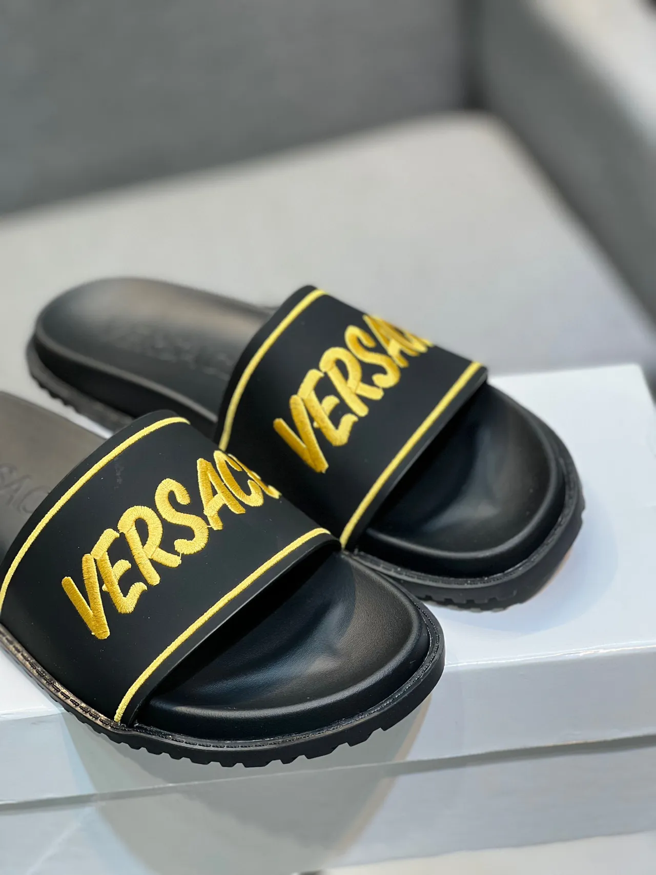 Versace Black Gold Wide Strap Embroidered Logo Slippers 9