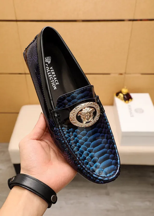 Versace Blue Black Snakeskin-Textured Patent-Trimmed Loafer 5