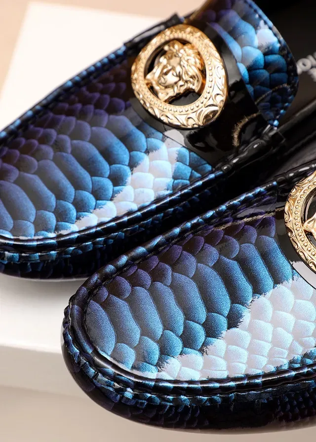 Versace Blue Black Snakeskin-Textured Patent-Trimmed Loafer 7
