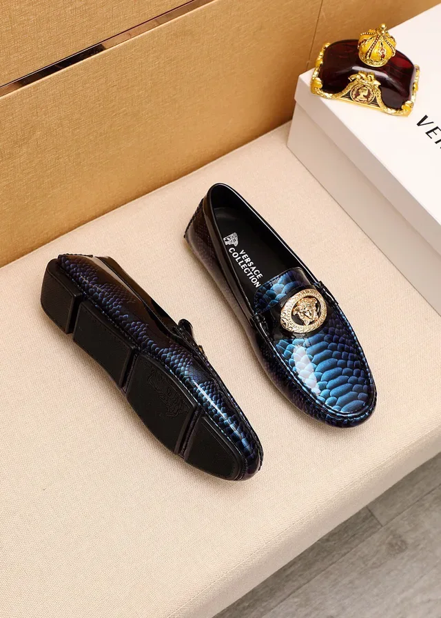 Versace Blue Black Snakeskin-Textured Patent-Trimmed Loafer 9
