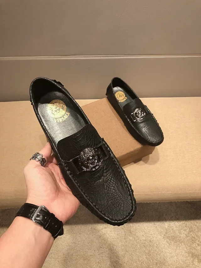 Versace Chain Reaction Black Croc-Embossed Medusa Buckle Loafers 7