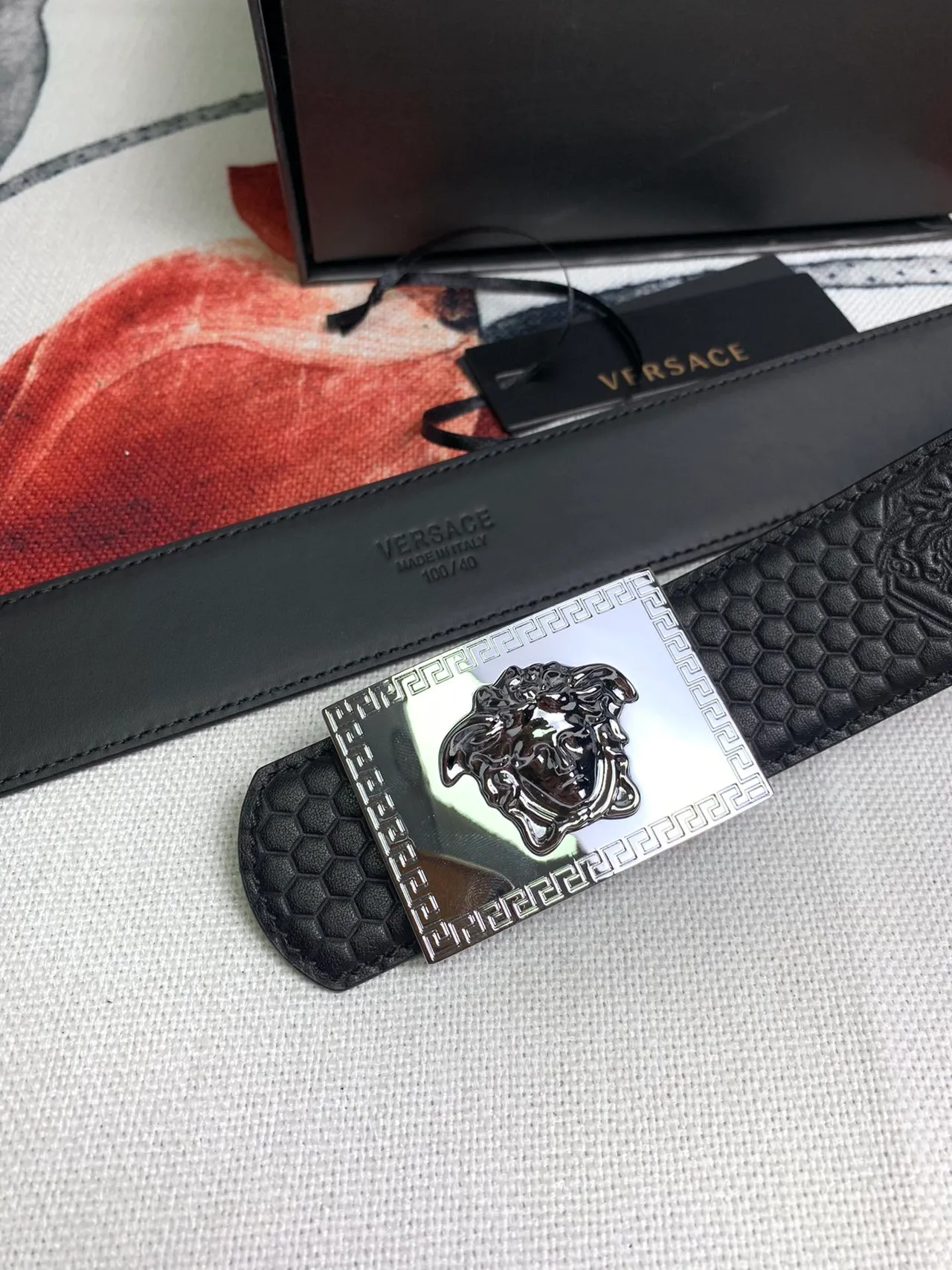 Versace Greca Odissea Black Hexagonal Embossed Leather Belt 3