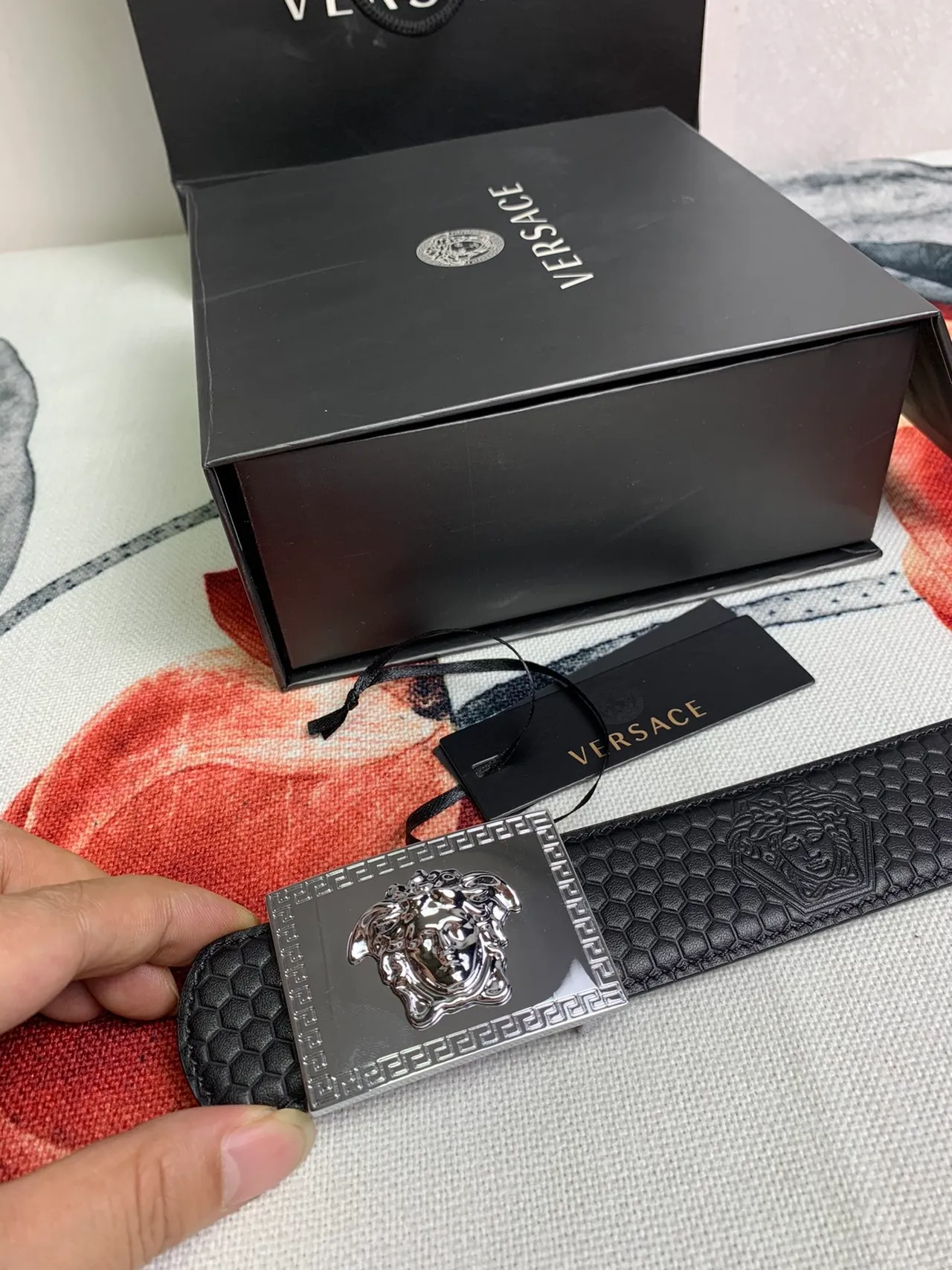 Versace Greca Odissea Black Hexagonal Embossed Leather Belt 4