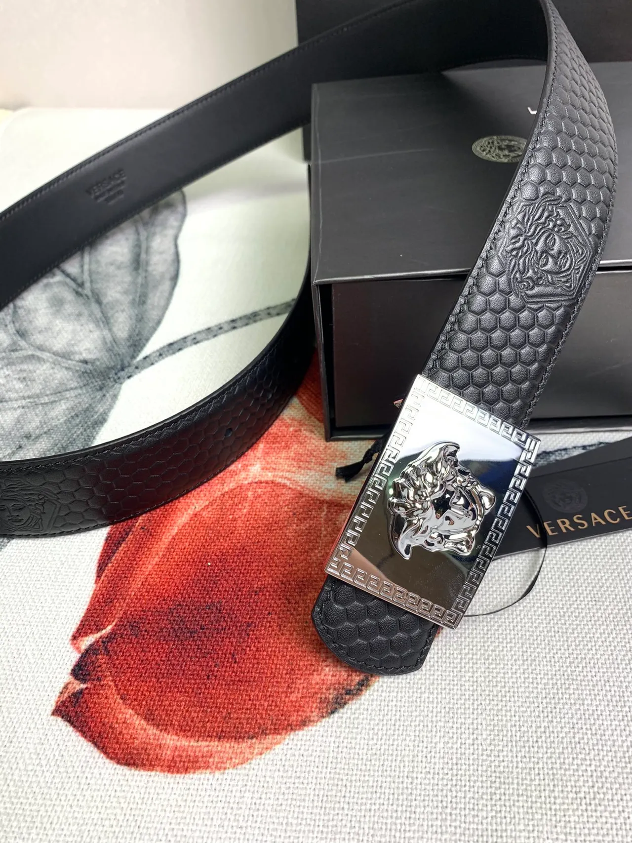 Versace Greca Odissea Black Hexagonal Embossed Leather Belt 5