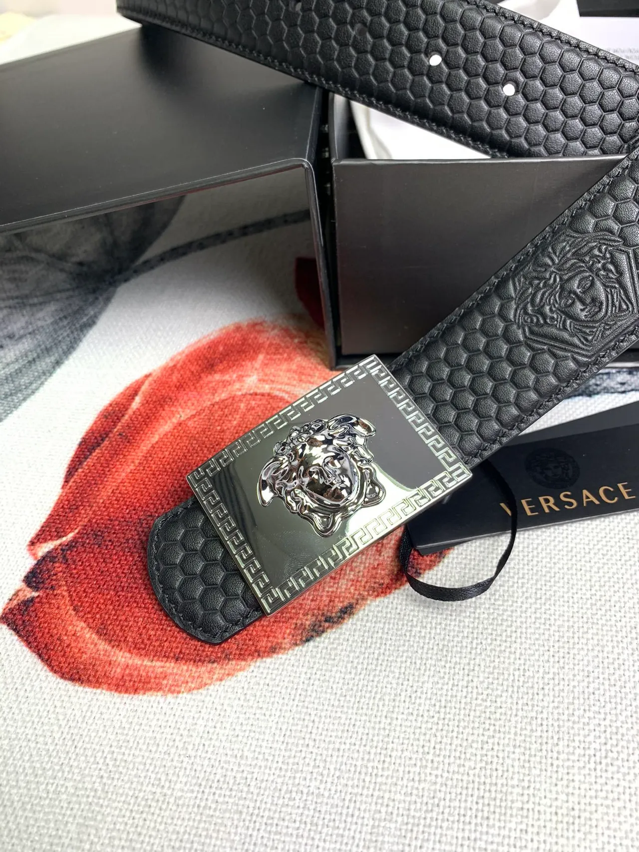 Versace Greca Odissea Black Hexagonal Embossed Leather Belt 6