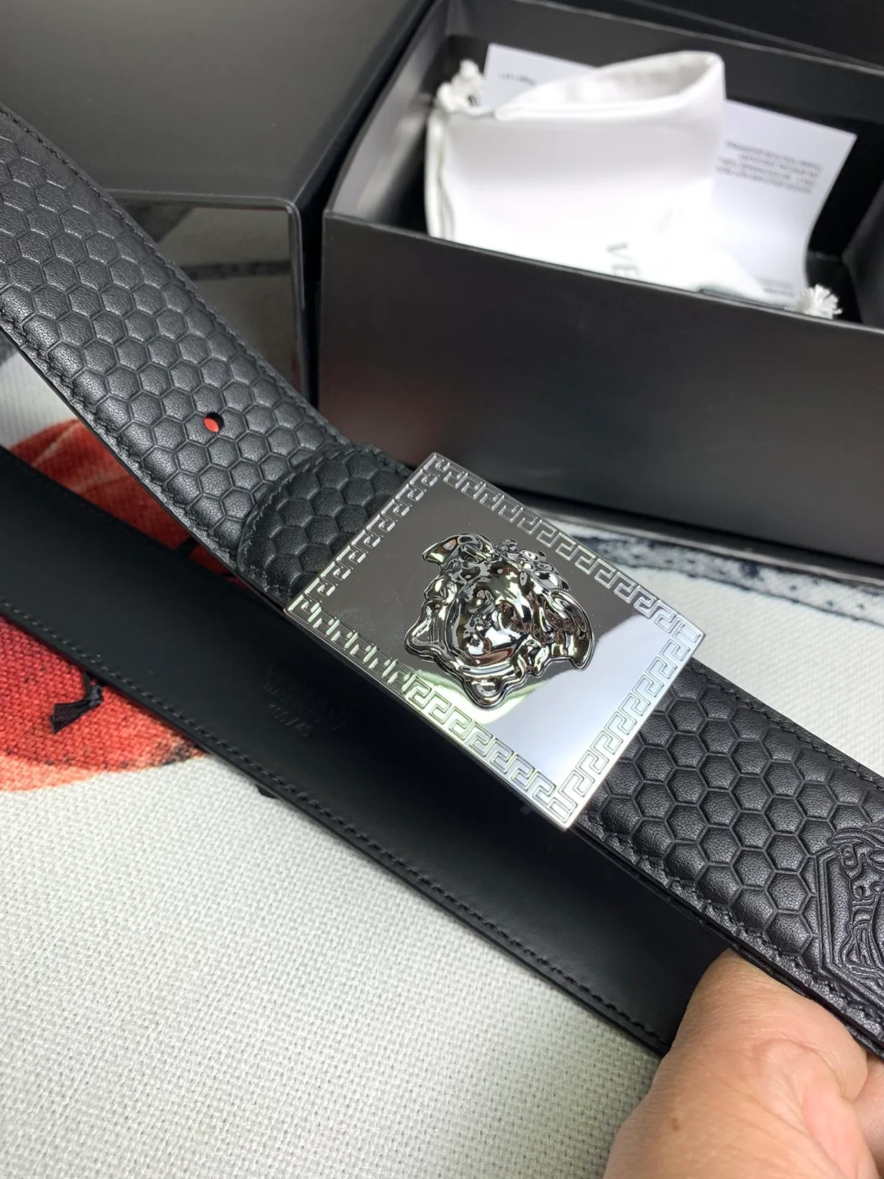 Versace Greca Odissea Black Hexagonal Embossed Leather Belt 7