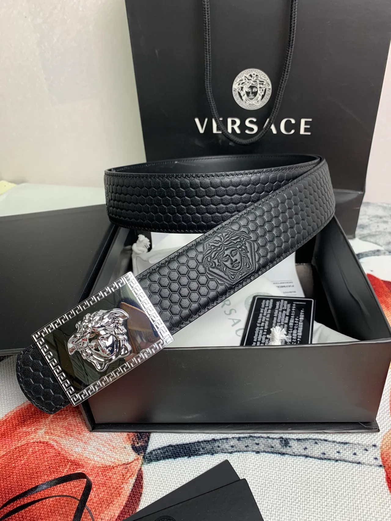 Versace Greca Odissea Black Hexagonal Embossed Leather Belt 9