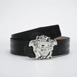 Versace Medusa Belt Black Silver Head Buckle Embossed Greca Pattern Leather Belt