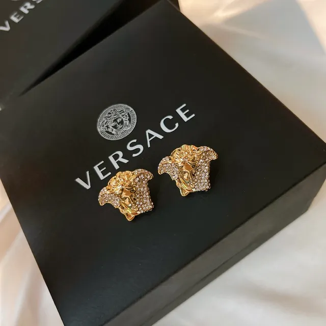 Versace Medusa نقشة الرأس الذهبية السوداء تفاصيل كريستال-بافيه أقراط 7