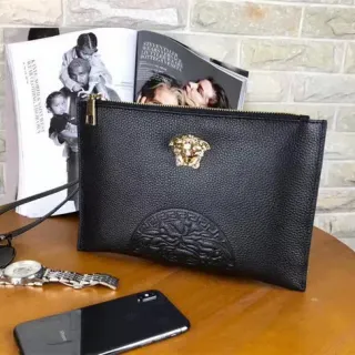 Versace Medusa Pouch Black Pebbled Leather Envelope Clutch