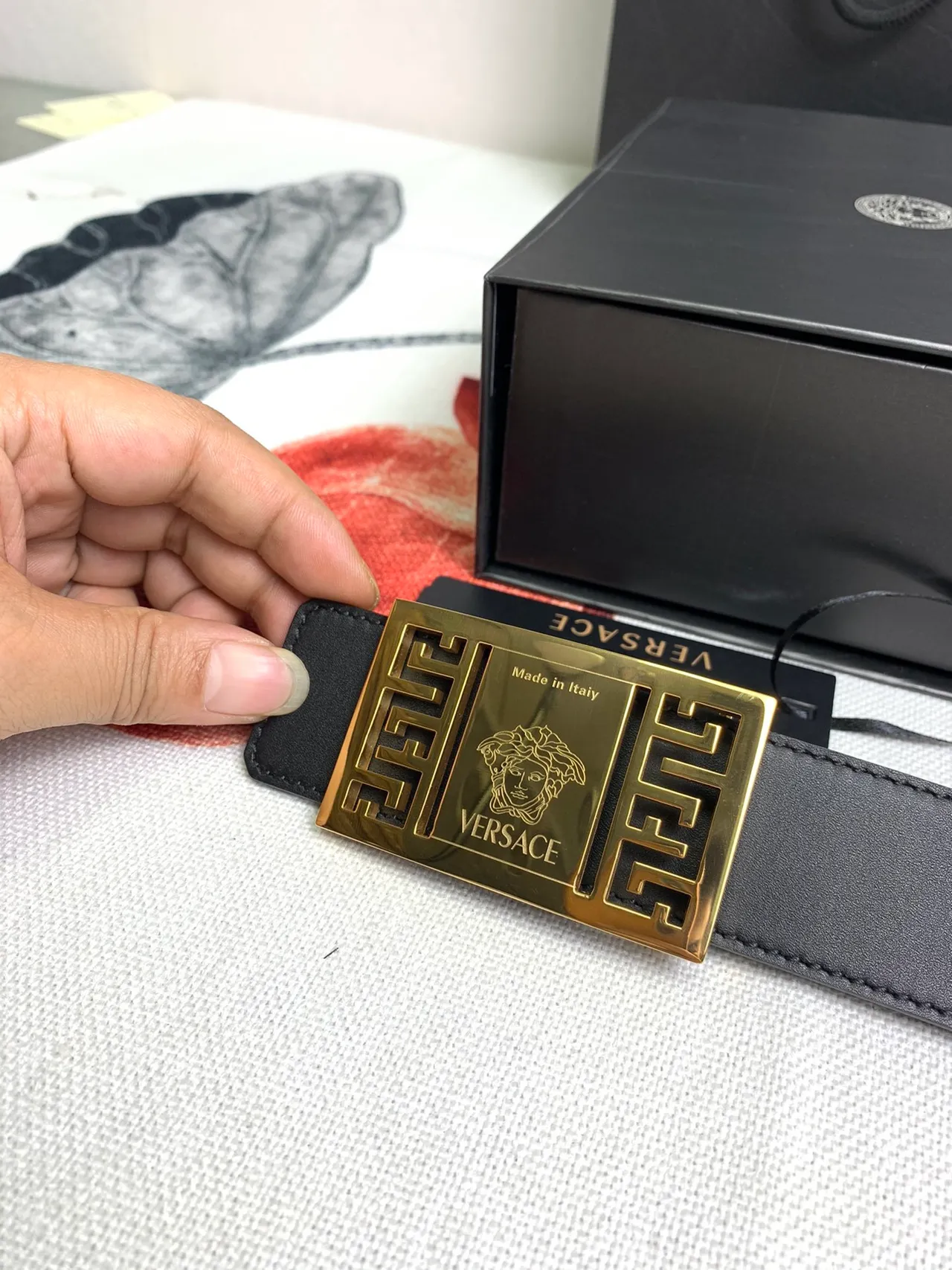 Versace Odissea Black Gold Smooth Strap Rectangular Buckle Leather Belt 4