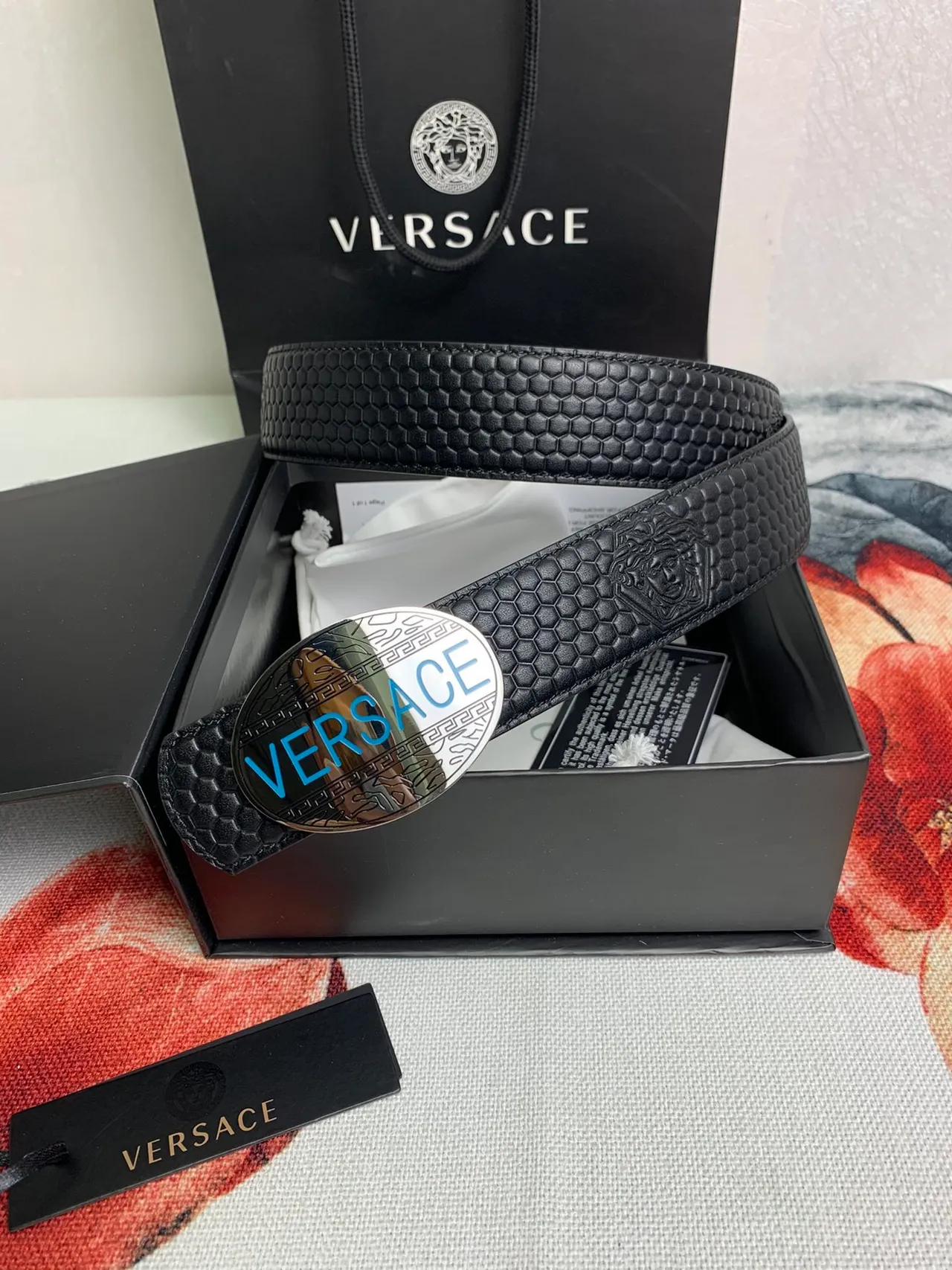 Versace Odissea Black Hexagonal Embossed Leather Belt 9