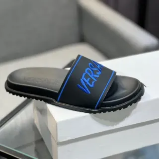 Versace Slide 黑色蓝色绣花标志 对比镶边 拖鞋