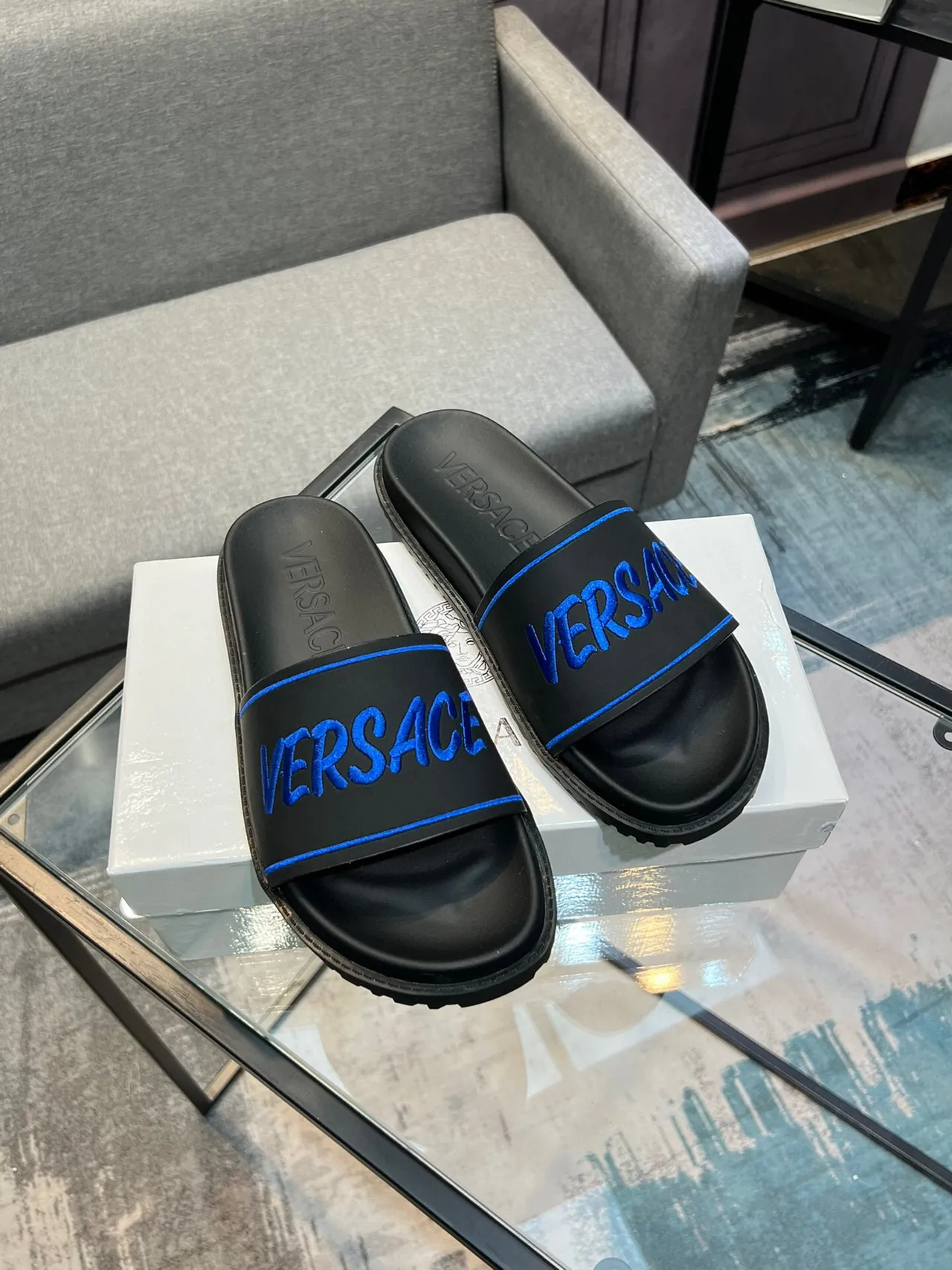 Versace Slide Negro Azul Logo Bordado Contraste Piping Zapatillas 5