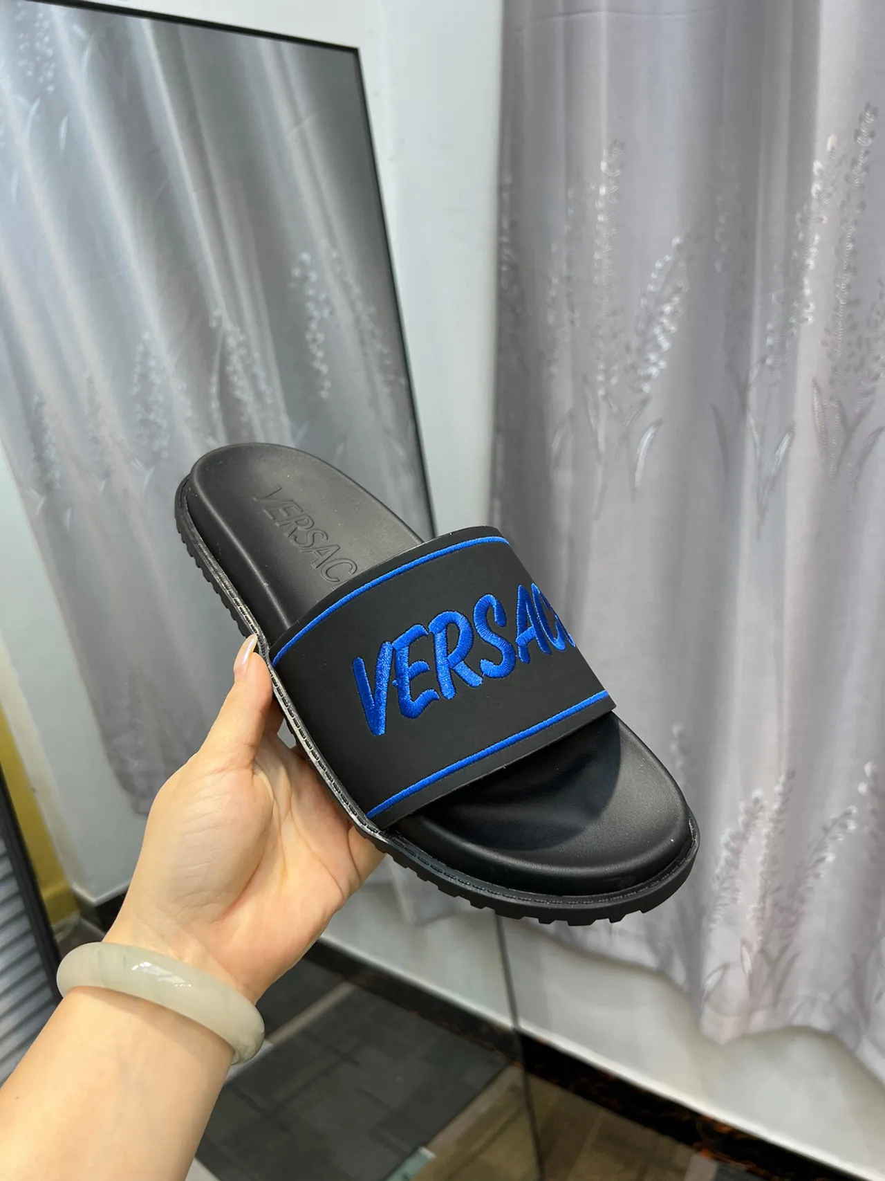 Versace Slide Negro Azul Logo Bordado Contraste Piping Zapatillas 6