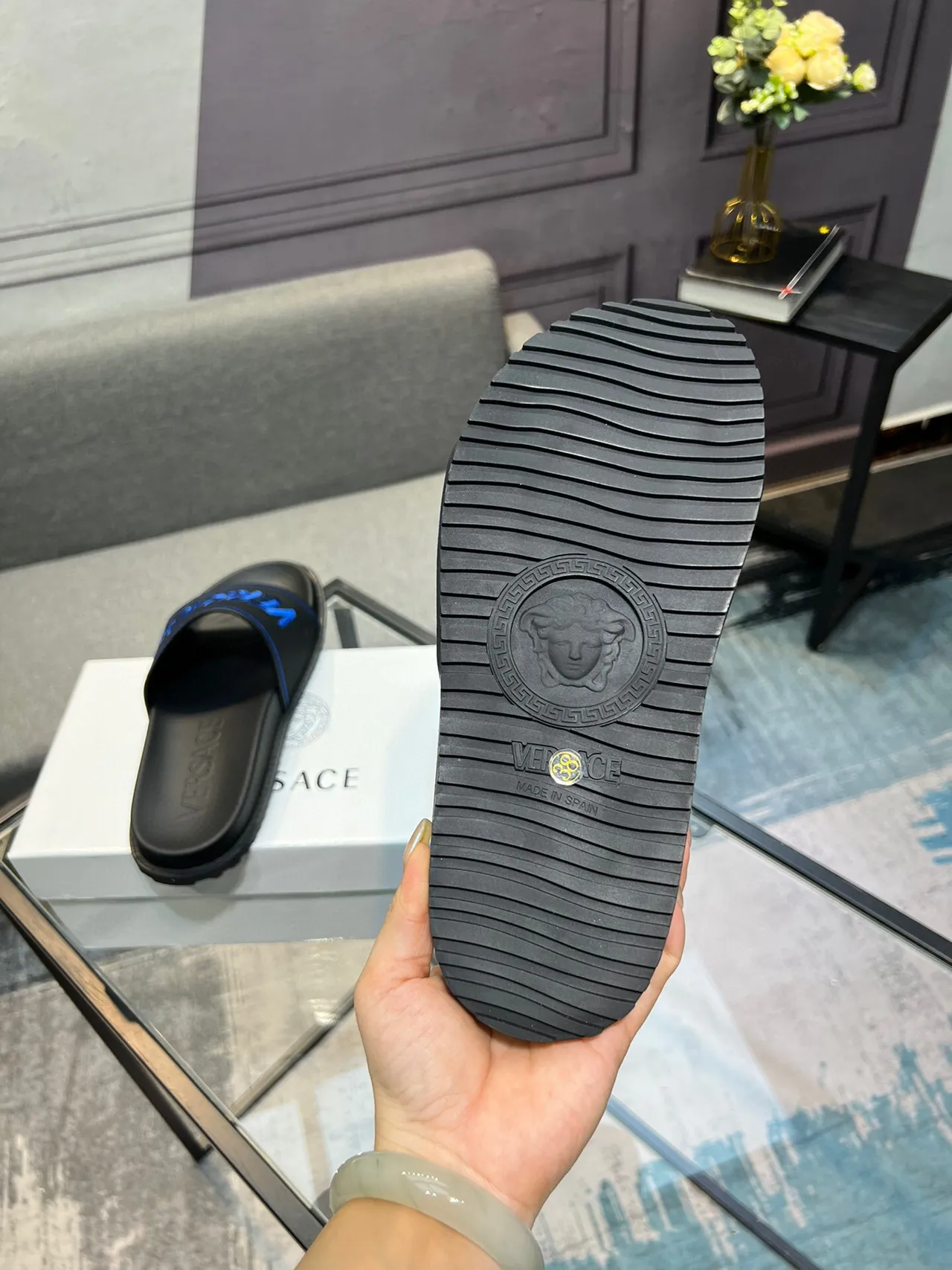 Versace Slide Negro Azul Logo Bordado Contraste Piping Zapatillas 7