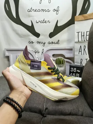 Y-3 حذاء رياضي نمط حياة أصفر بنفسجي شبكي علوي منحوت أبيض 5