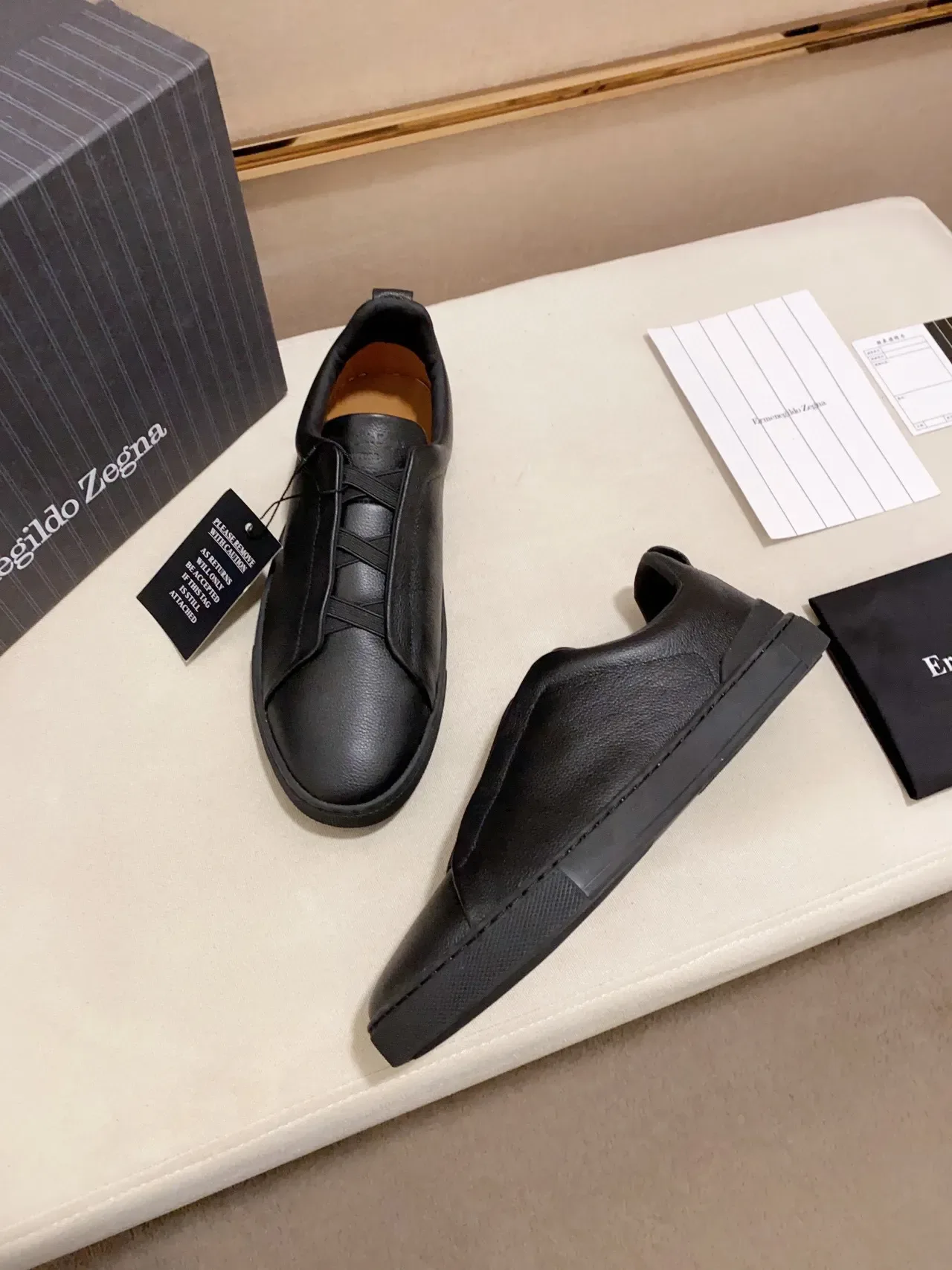 Zegna 黑色粒面皮革套脚生活方式运动鞋 5