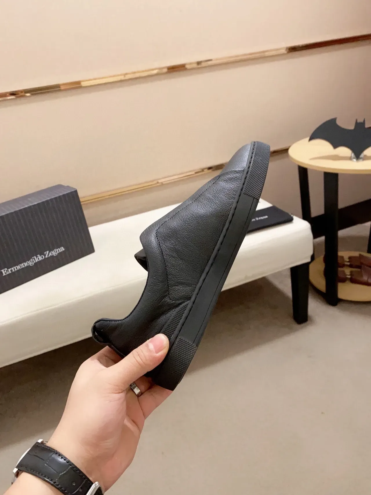 Zegna 黑色粒面皮革套脚生活方式运动鞋 6