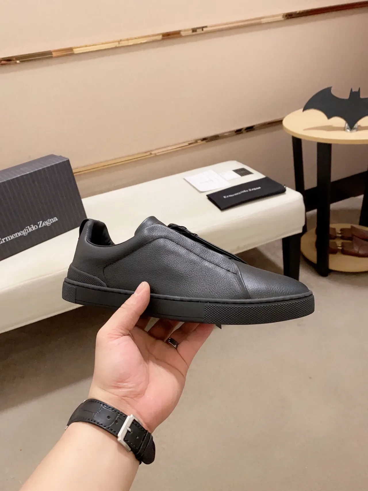 Zegna 黑色粒面皮革套脚生活方式运动鞋 7