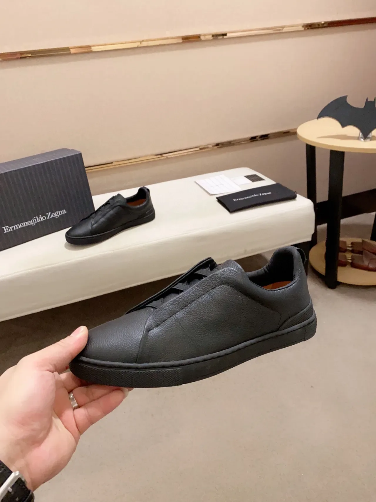 Zegna 黑色粒面皮革套脚生活方式运动鞋 8