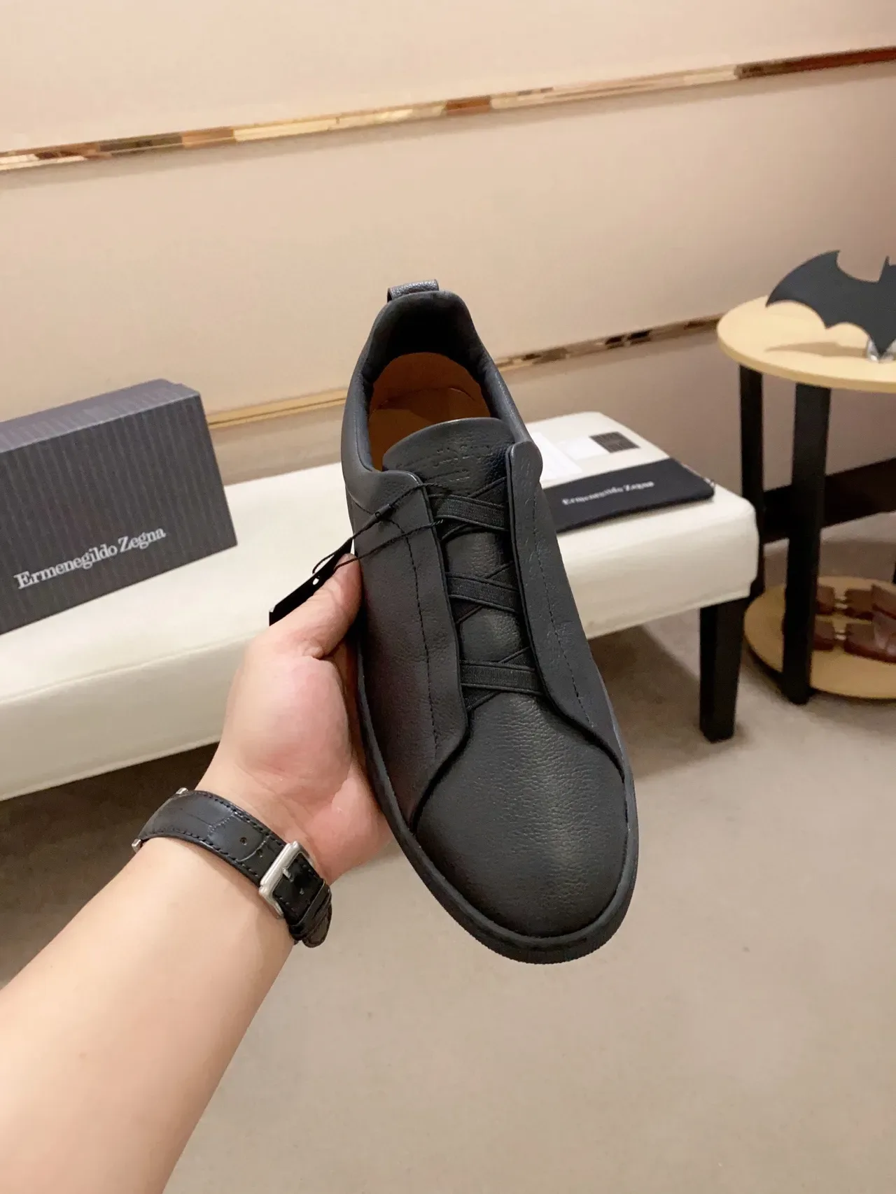 Zegna 黑色粒面皮革套脚生活方式运动鞋 9