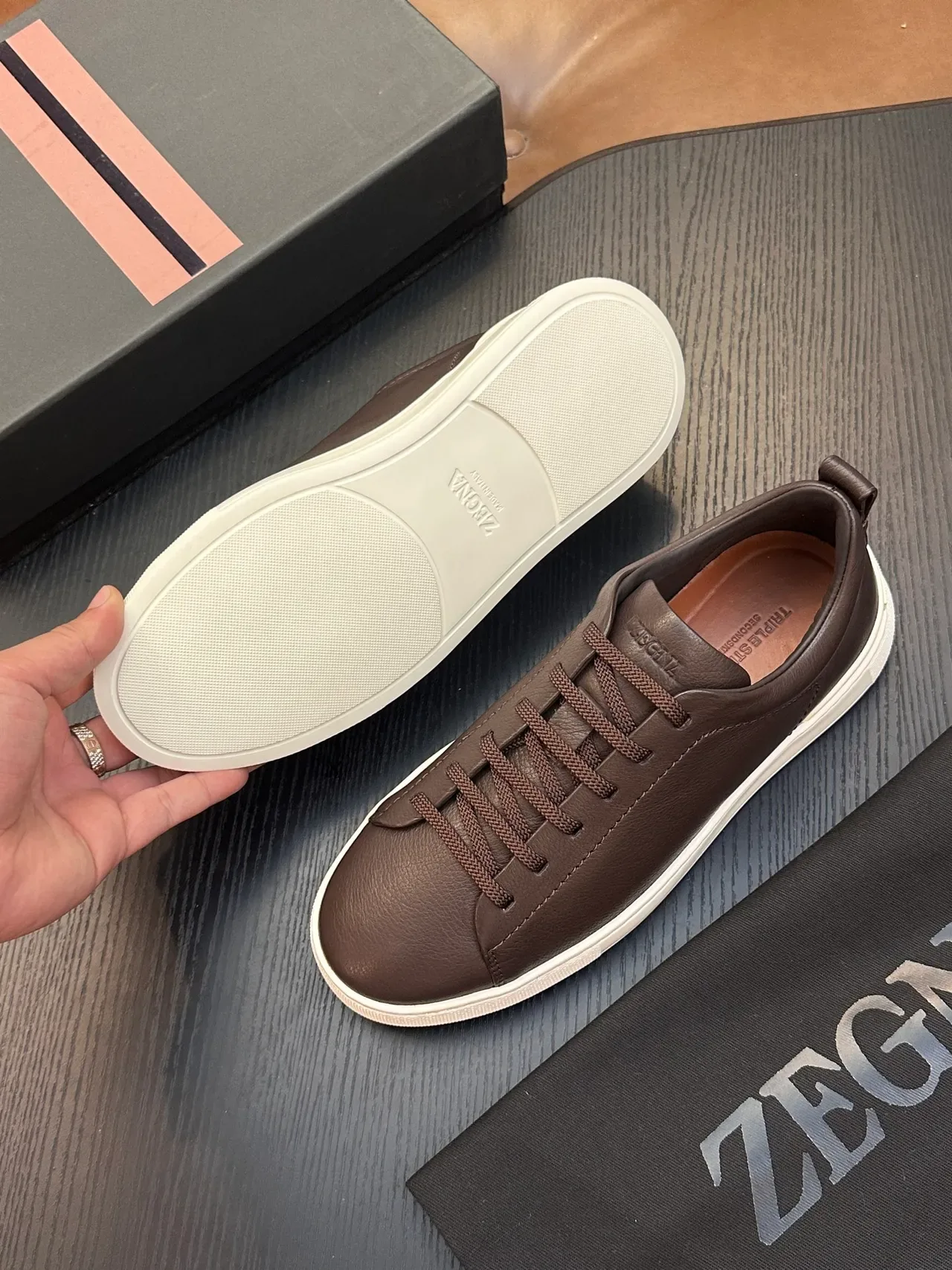 Zegna Brown Beige Leather Upper Minimalist Silhouette Sneakers 2